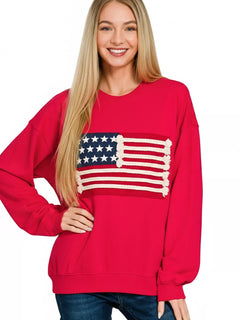 Zenana French Terry American Flag Pullover