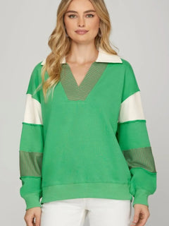 She + Sky Full Size Color Block Sleeve Johnny Collar French Terry Sweatshirt Plus Size