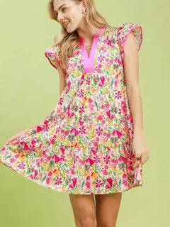 Umgee Floral Flutter Sleeve Tiered Mini Dress