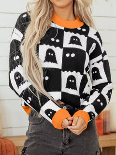 Halloween Ghost Pattern Checkerboard Sweater