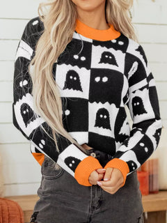 Halloween Ghost Pattern Checkerboard Sweater