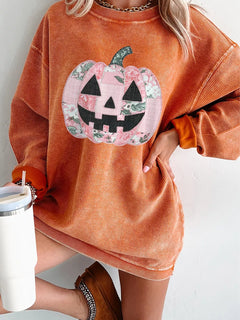 Patchwork Pumpkin Graphic Corded Ribbed Round Neck Tunic Sweatshirt