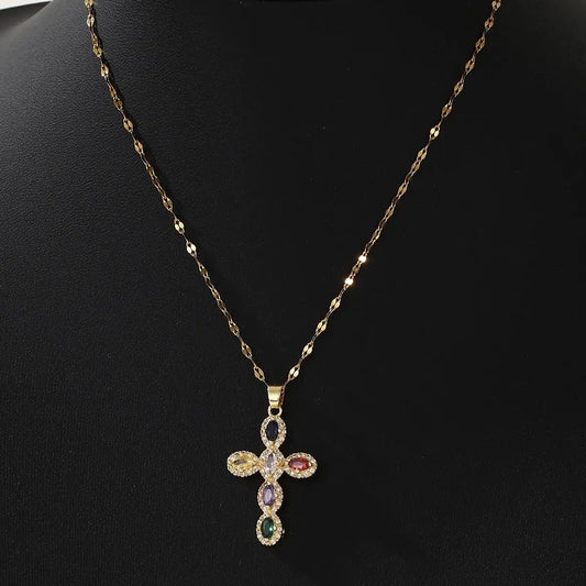 Collana da 1 pezzo con personalità della moda Collana da donna elegante con croce di zirconi rotondi colorati micro intarsiati