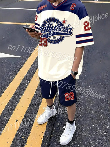 T-shirt e pantaloncini a maniche corte CALIFORN NO.23 da uomo Set t-shirt da donna a maniche corte con scollo a V sfumato