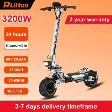 Ruitoo T3MAX Scooter elettrico Doppi motori 3200W 85 km Portata 75 km/h Velocità 60 V/28,6 Ah Motore Pneumatici fuoristrada da 10,5 pollici Pieghevoli