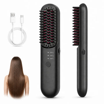 Hair Brush Cordless Hair Straightening Brush, 3 Levels (160-200 ° C), Ion Technology Heat Brush Thermal Protection Coating Ceramic Anti-Scald Electric Hair Brush Cordless Heated Hair Straightening Comb