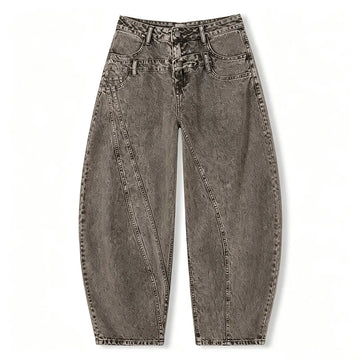 Women's Loose Barrel-Cut Jeans in Grey Acid Wash with Floral Print, Asymmetrical Stitching, Trendy High-Waisted Design, Urban Grunge Streetwear Style, Comfortable Pants, Durable Denim Fabric That Enhances the Silhouette, Fx53