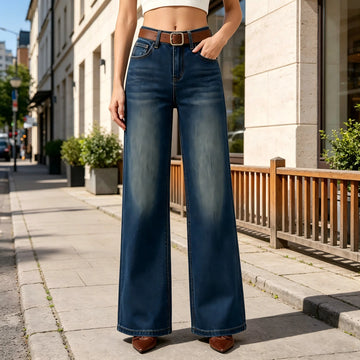 Women's High-Waisted Wide-Leg Jeans with Heart-Shaped Pockets, Belt Included, Retro Vintage Wash Denim, Loose-Fitting Pants That Elongate the Legs and Enhance the Silhouette, Comfortable Relaxed Fit, Yw-1892
