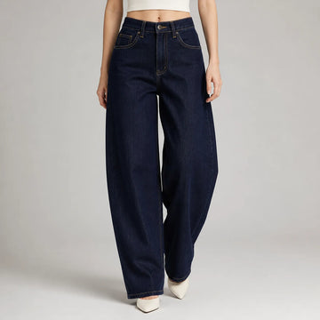 Women’s high-waisted barrel jeans, Y2K-style unwashed dark blue denim, large trousers with contrast stitching, comfortable casual streetwear fit, sizes XS–XL sold individually FX5379-6