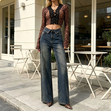 Women's High-Waisted Wide-Leg Jeans in Blue and Black Vintage Style, Loose Fit with Cuffed Hem, Elegant Casual Streetwear Pants, Retro Distressed Wash That Enhances the Silhouette, Flowy Cut That Elongates the Legs, Jf526
