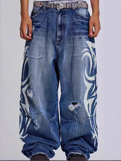 Y2K Jeans larghi con stampa totem screziati vintage americano Jeans da donna a vita alta a gamba larga Jeans hip-hop alla moda da donna