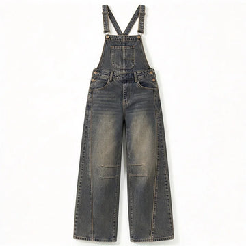 Salopette Jeans Donna, Wide Leg Pants with Vintage Distressed Wash, Adjustable Straps with Metal Buckles, Multiple Pockets and Contrast Stitching, High Waist Loose Fit, American Street Style, Ideal for Outings, Shopping, and
