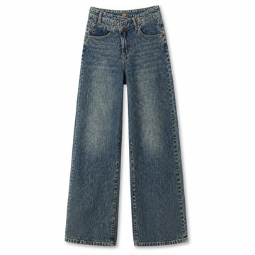 Women's Wide Leg Jeans with Distressed Waist, Blue Denim with Vintage Texture Effect, Crossed Oblique Closure, Loose Fit for Leg Shaping, Y2K Streetwear Style, Ideal for Outings, Urban Life, Dates, Spring Summer Autumn Winter