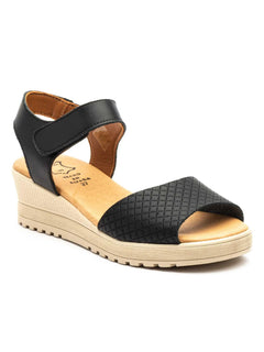 Black wedge sandals for women with velcro closure and engraved upper made in spain model e649 sizes 36 to 41 high style