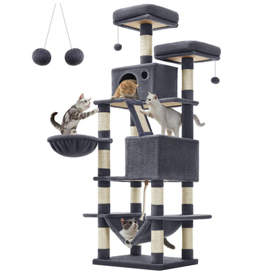 Albero per gatti Feandrea, L, Torre per gatti alta 168 cm con 13 pali, 2 piattaforme, 2 grotte, cestino, amaca, pompon, tiragraffi multilivello per gatti di taglia grande, grigio antracite/beige/bianco crema/grigio chiaro/ros