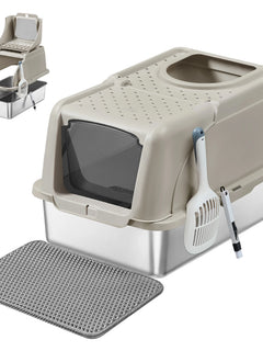 Feandrea Lettiera per Gatti in Acciaio Inox con Coperchio Ribaltabile, Lettiera XL, Antigoccia, Paletta, Spazzola, Doppio Ingresso, Capacità 15 kg, da Appoggio, Grigio Tortora/Beige Cappuccino/Nero Inchiostro