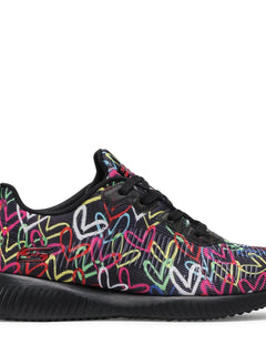 Skechers BOBS Squad Starry Love - Women's sneakers with a unique multicolor heart print by James Goldcrown, featuring breathable mesh upper, cushioned Memory Foam™ insole for comfort, and flexible rubber sole, perfect for c