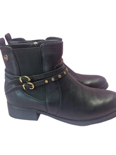 Xti women's chelsea boots black color casual biker boot gold studs buckle leather insole leopard lining zipper runway concept