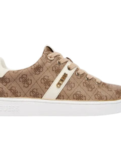 Guess Women's Beige White Britz 4G Logo Sneakers, featuring durable polyurethane upper, comfortable cotton lining, and 3 cm rubber sole, ideal for casual wear and everyday comfort.