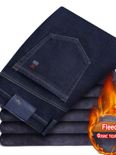 2024 Winter New Men's Warm Slim Fit Jeans Business Fashion Thicken Denim Trousers Fleece Stretch Brand Pants Black Blue