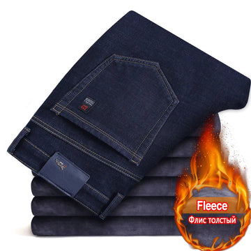 2024 Winter New Men's Warm Slim Fit Jeans Business Fashion Thicken Denim Trousers Fleece Stretch Brand Pants Black Blue