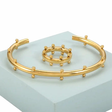 Set di gioielli di lusso Bracciale rigido in acciaio inossidabile Anello da dito Orecchini a cerchio con mini sfere per regali di gioielli di moda da donna platinumshop