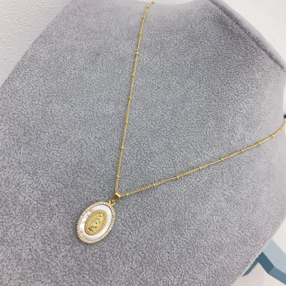 Ovale in metallo conchiglia di mare zircone vergine maria Guadalupe collana con ciondolo benedizione gioielli per le donne