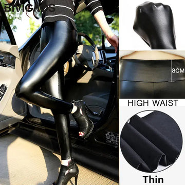 BIVIGAOS Fashion Women PU Leather Pants Elastic High Waist Winter Leggings Slim Velvet Leather Leggings Skinny Fleece Trousers PlatiNum