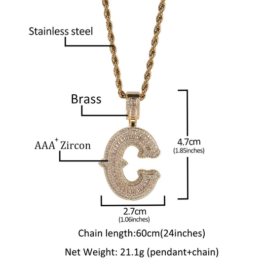 UWIN Collana con ciondolo con lettera iniziale per donna Uomo Ciondoli con zirconi baguettecz ghiacciati con catena da tennis Gioielli Hip Hop per regalo