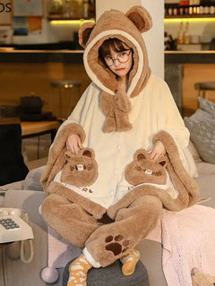 Japan Cute Lolita Pajamas Sets Girls Sweet Bear Ear Hooded Coral Fleece Cloak Sleepwear Women Winter Kawaii Home Clothes Pyjamas