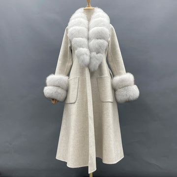 2022 New Arrival Women Wool Coat With Real Fox Fur Collar Cuff Slim Fit Elegant Belted Cashmere Long Coat Ladies Winter Coats