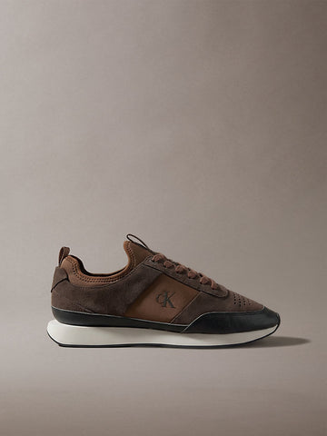 sneakers da corsa in camoscio con logo mid brown/rocky brown/creamy da uomini calvin klein