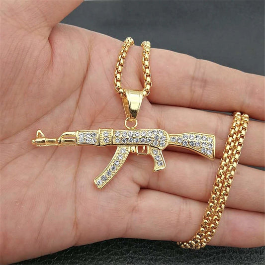 Hip Hop Iced Out AK47 Pistola Ciondolo e catena Collana militare in acciaio inossidabile color oro argento maschile per uomo Regalo di gioielli fantastici