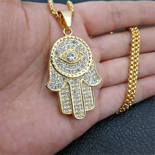 Collana con ciondolo mano di Fatima turca malocchio Hamsa Catene ghiacciate in acciaio inossidabile color oro per gioielli Hip Hop da donna