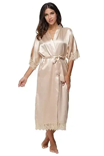 Estate Patchwork di pizzo Raso Kimono Robe Indumenti da notte sexy Lingerie Camicie Donna Camicia da notte lunga in seta Abiti da damigella d'onore da sposa