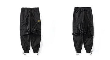 Tactical Cargo Pants Men Joggers Streetwear Ankle-length Pants Ribbons Elastic Waist Black Pant Hip Hop Male