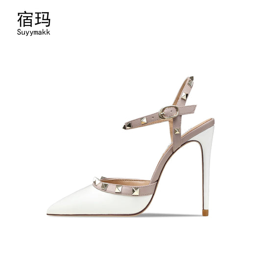 heeled sandals luxury women's shoes 2024 Genuine Leather Women Sandals Summer Rivets High Heels Shoes Brand Ladies Shoes Ankle