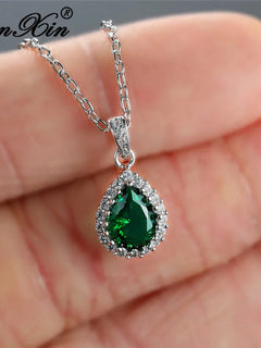 Multicolor Crystal Water Drop Stone Pendant Green Red Blue Zircon Necklaces For Women White Gold Colorful Pear Cz Wedding Choker