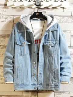Jeansjacke Herren Kapuzenpullover Casual Herren Jeansjacken Streetwear Einfarbig Umlegekragen Jeansmäntel Herren Jacken Hut Abnehmbar
