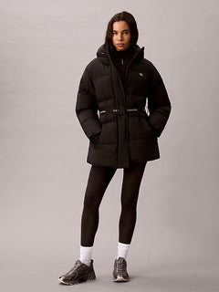 Hooded Puffer Jacket with Logo Belt