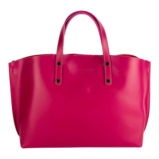 RB1024BE | Borsa Donna a Mano in Vera Pelle Made in Italy con tracolla removibile. Sacca grande interna estraibile. Accessori Canna di Fucile Lucido - Colore Fuxia - Dimensioni: cm 48x31x11