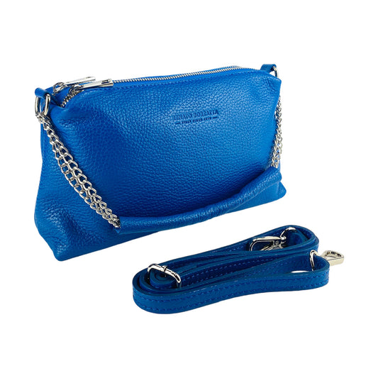 RB1025CH | Borsa Donna a Mano con doppia lampo in Vera Pelle Made in Italy. Tracolla in pelle regolabile. Accessori Nickel Lucido - Colore Blu Royal - Dimensioni: cm 26 x 14 x 9