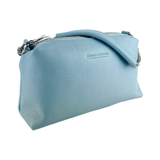RB1025CL | Borsa Donna a Mano con doppia lampo in Vera Pelle Made in Italy. Tracolla in pelle regolabile. Accessori Nickel Lucido - Colore Celeste - Dimensioni: cm 26 x 14 x 9