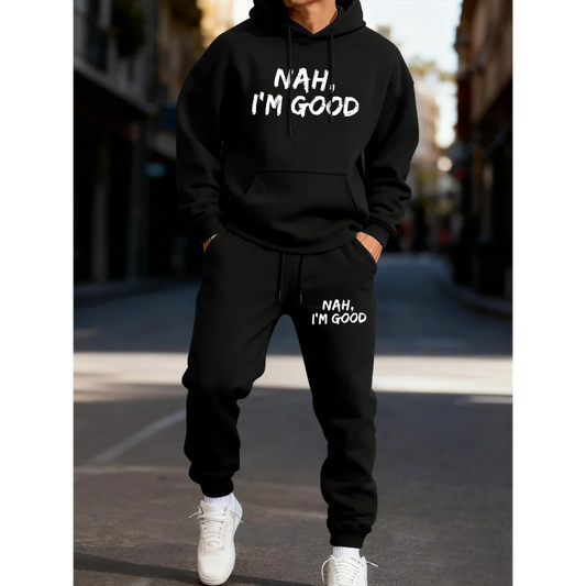Nah i'm Good - Set di felpe con cappuccio stampate da uomo, comodo set alla moda in due pezzi, pantaloni sportivi da corsa, streetwear in lana