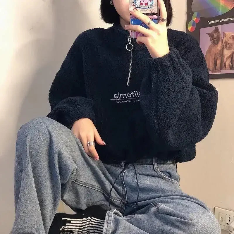Imitation Lamb Wool Thickened Short Sweatshirt for Women Autumn Winter Half Open Neck Zipper Letter Embroidery Warm Pullover Top