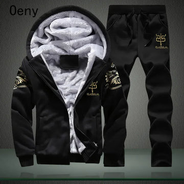 New Winter Fleece Thicken Men's Two-piece Zipper Sports Set Hooded Thermal Suit Casual Oversized Tracksuit 4XL 5XL Funny Suit
