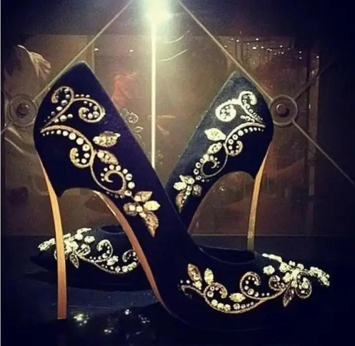 Bling Rhinestone Gold Silver Flower Embroidery Blade Heel Pumps Metal High Heels Crystal Black Suede Pointed Toe Woman Shoes