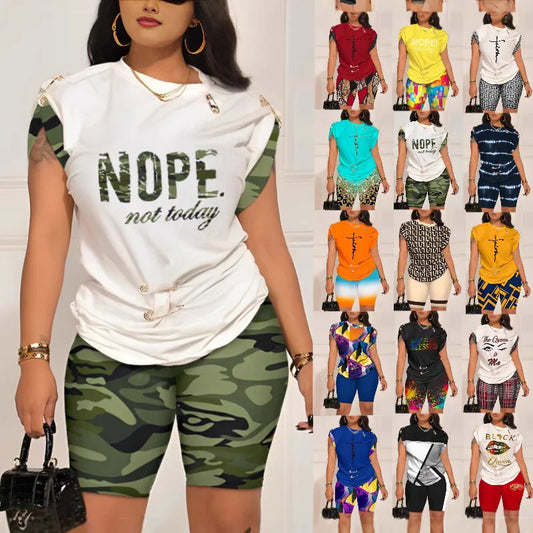 Women Leisure Pin Digital Printing Set O Neck Short Sleeve T-shirt And Shorts 2 Pieces Sets Summer Top + Short Pant 2 PCS Suits