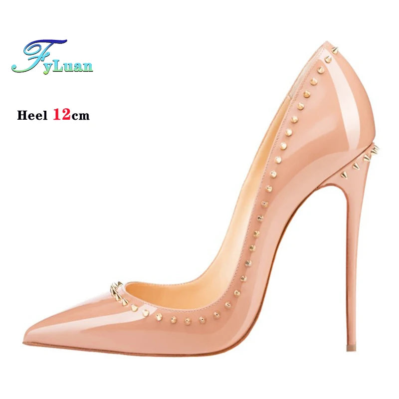 Women 12CM Stiletto Fashion Rivet High Heels Black Red Shallow Mouth Single Shoes Club Party Female Pointy Pumps Plus Size 34-45