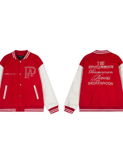 Broken Pearl Rhinestone Patchwork Leather Sleeve Baseball Jacket High Street Casual Loose Jacket Street Hip-hop Rock Fashion